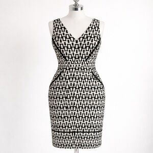 Taylor Black White Geometric Sheath Dress Sz 14